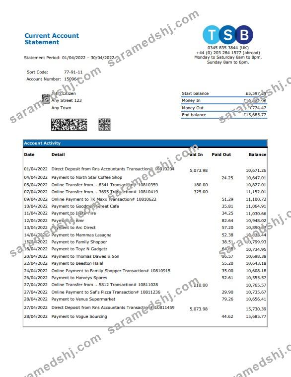 United Kingdom TSB bank statement, Excel and PDF template